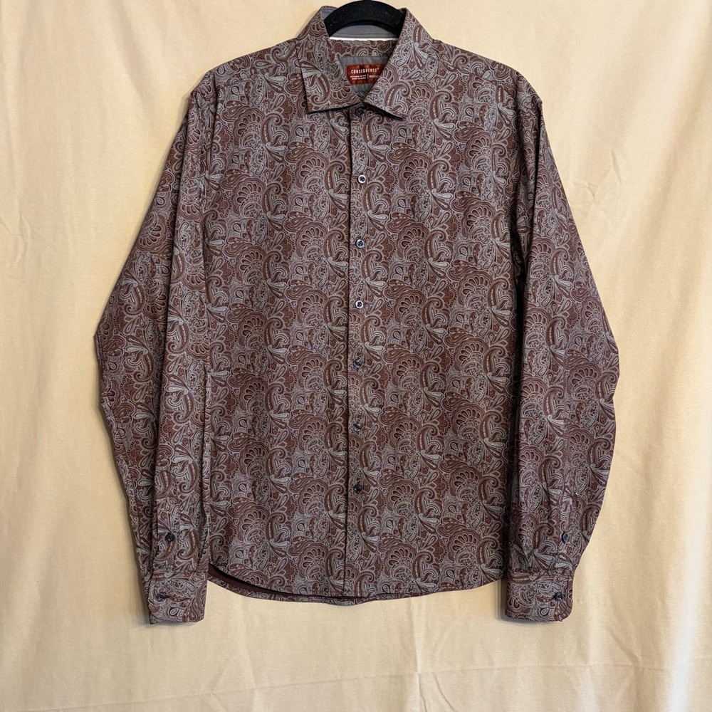 Consequence Men's M Brown Paisley Long-Sleeve Button-Down 100% Cotton Shirt